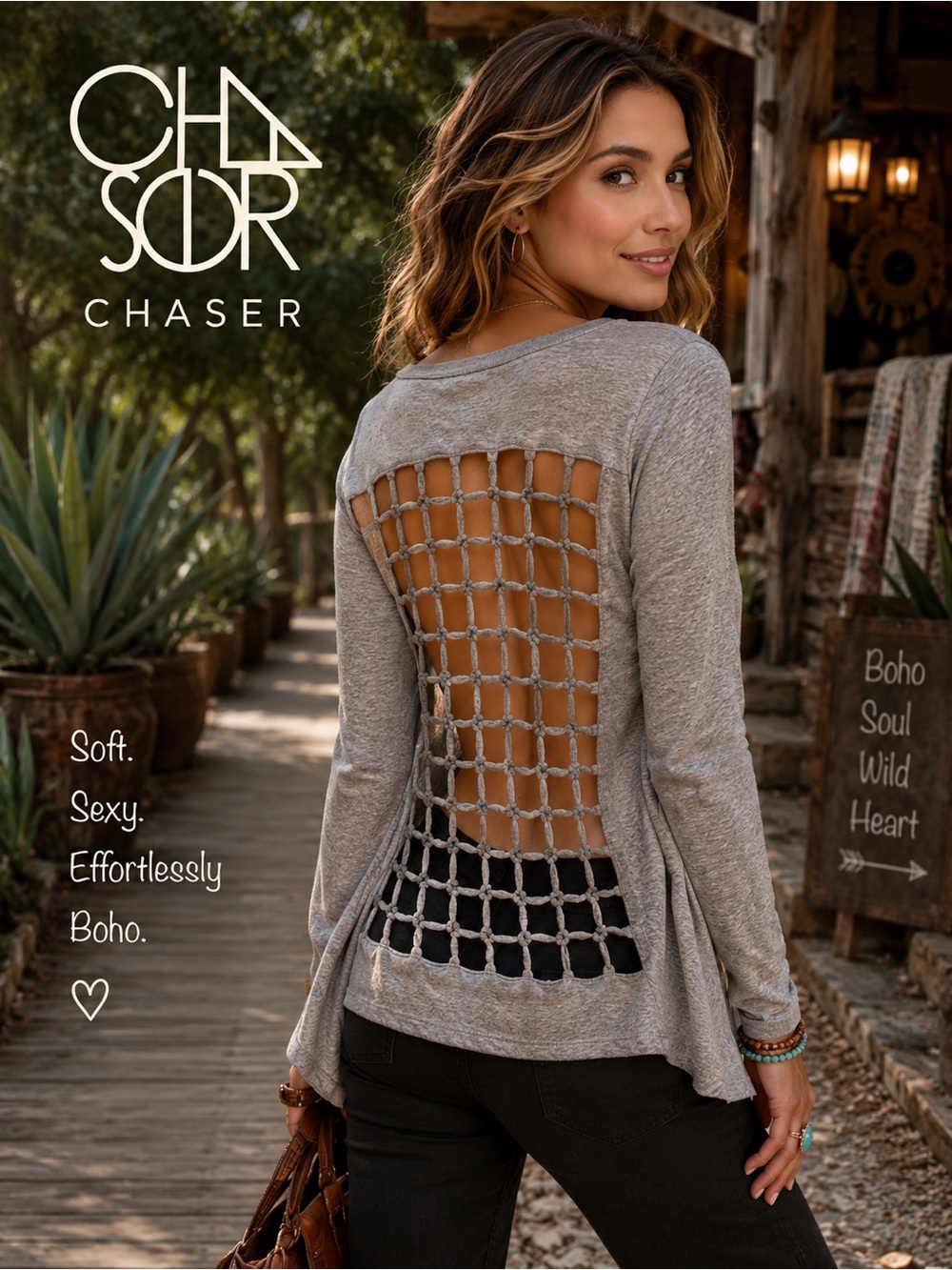 Chaser Heather Gray Long Sleeve Lattice Open Back Soft Knit Top Boho,EUC Size XS